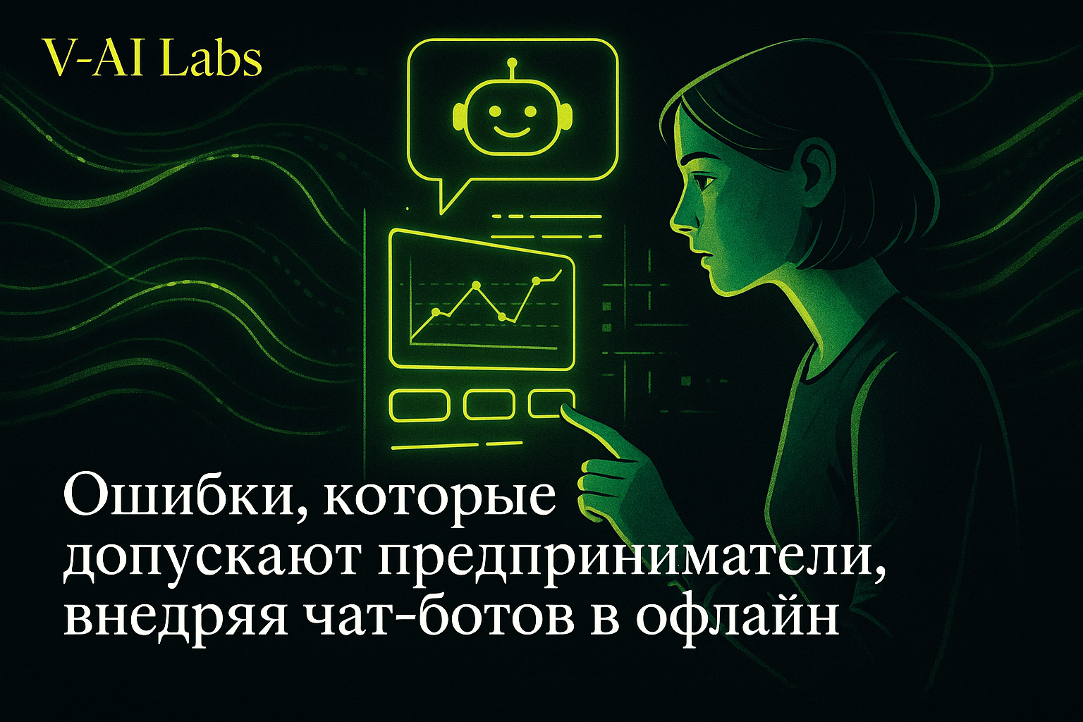 Предприниматель в офисе на фоне схемы работы чат-бота