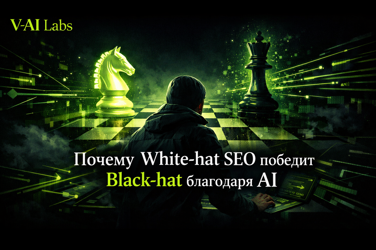 Схематичное изображение противостояния White-hat и Black-hat SEO на фоне искусственного интеллекта