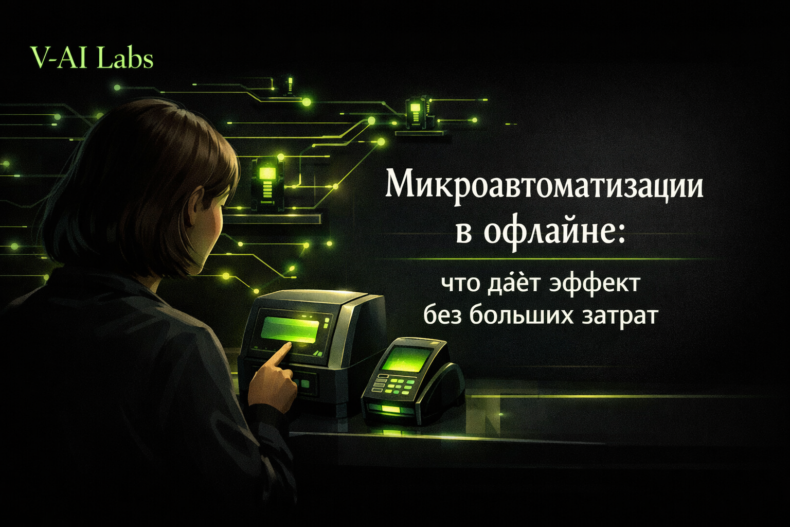 Предприниматель в офисе на фоне схемы автоматизации бизнеса