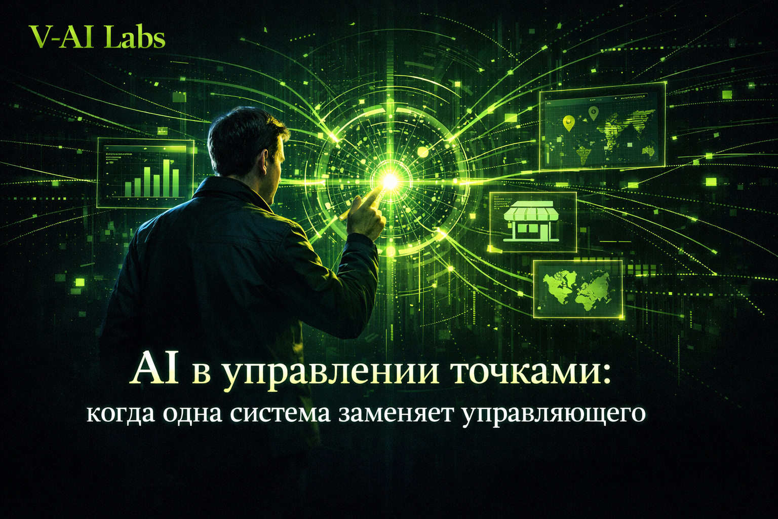 Схема офлайн бизнеса с точками и AI-системой управления