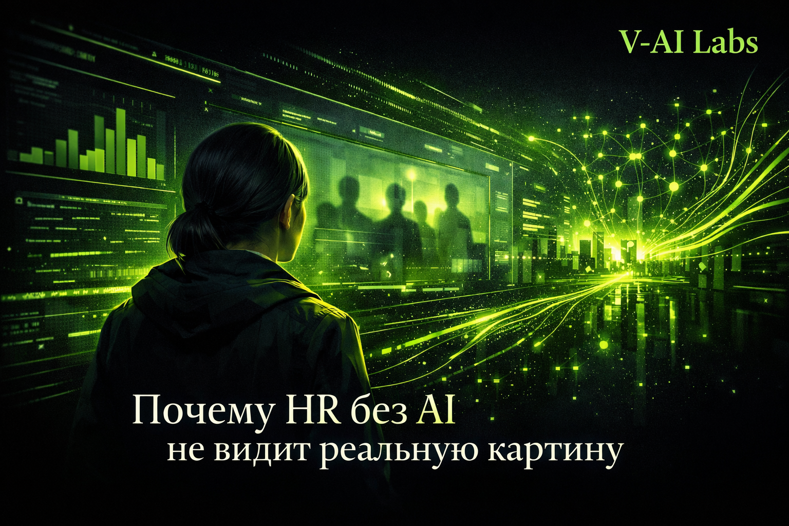 HR-специалист смотрит на дашборд с аналитикой и искусственным интеллектом