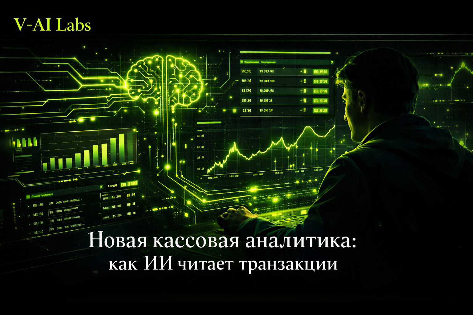 Предприниматель смотрит на дашборд кассовой аналитики с ИИ