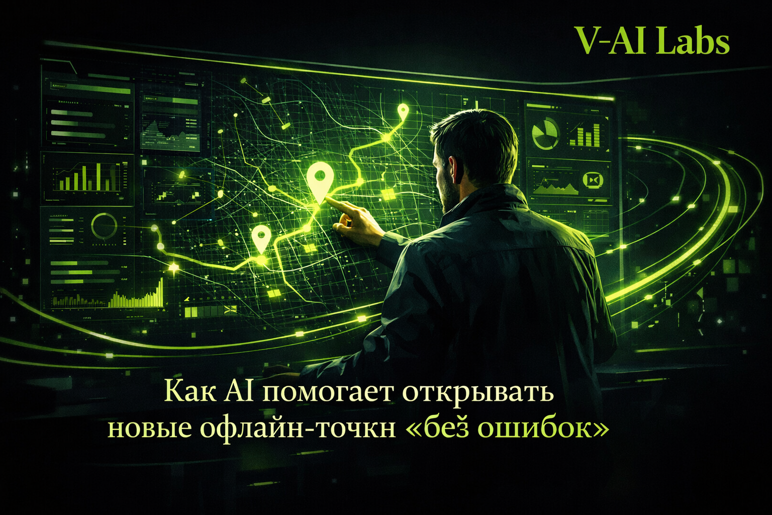 Предприниматель смотрит на карту города с аналитикой для выбора точки бизнеса с помощью AI