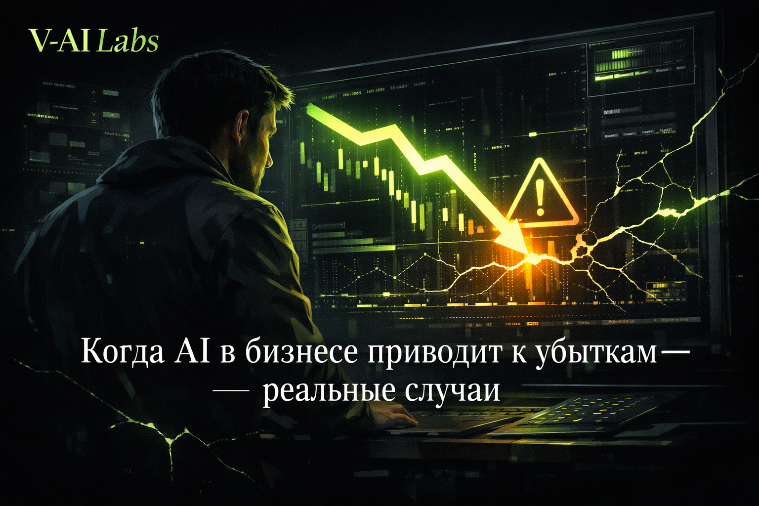 Владелец малого офлайн-бизнеса задумчиво смотрит на экран с графиком убытков от неудачного внедрения ИИ