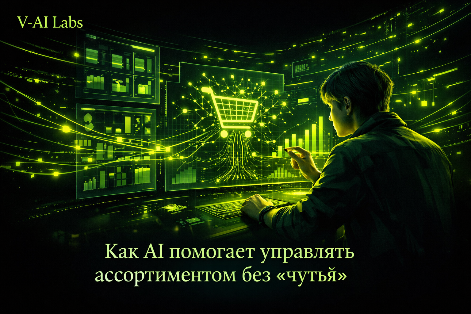 Предприниматель смотрит на дашборд с AI-анализом ассортимента