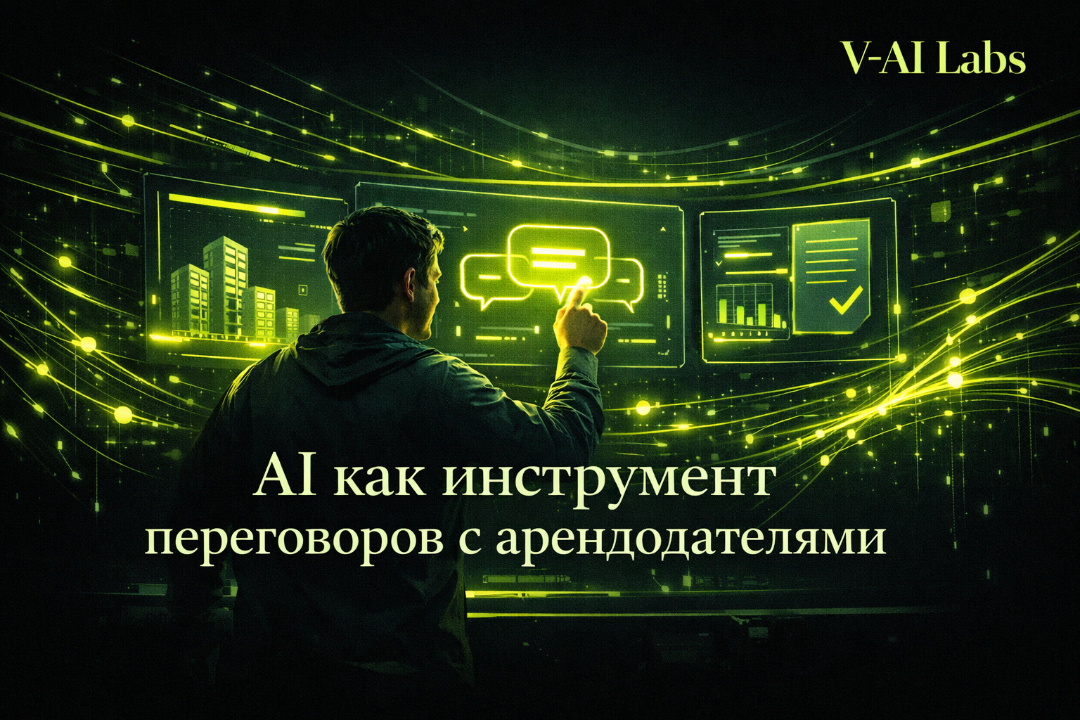 Предприниматель обсуждает аренду помещения с арендодателем, рядом открыт ноутбук с AI-ассистентом