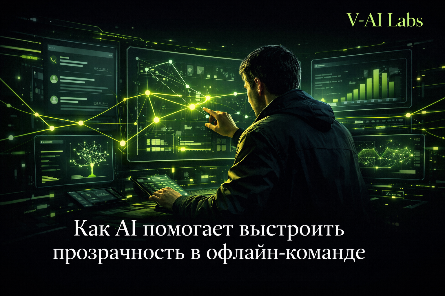 Владелец офлайн-бизнеса на фоне команды и дашборда с показателями, иллюстрация прозрачности с помощью AI