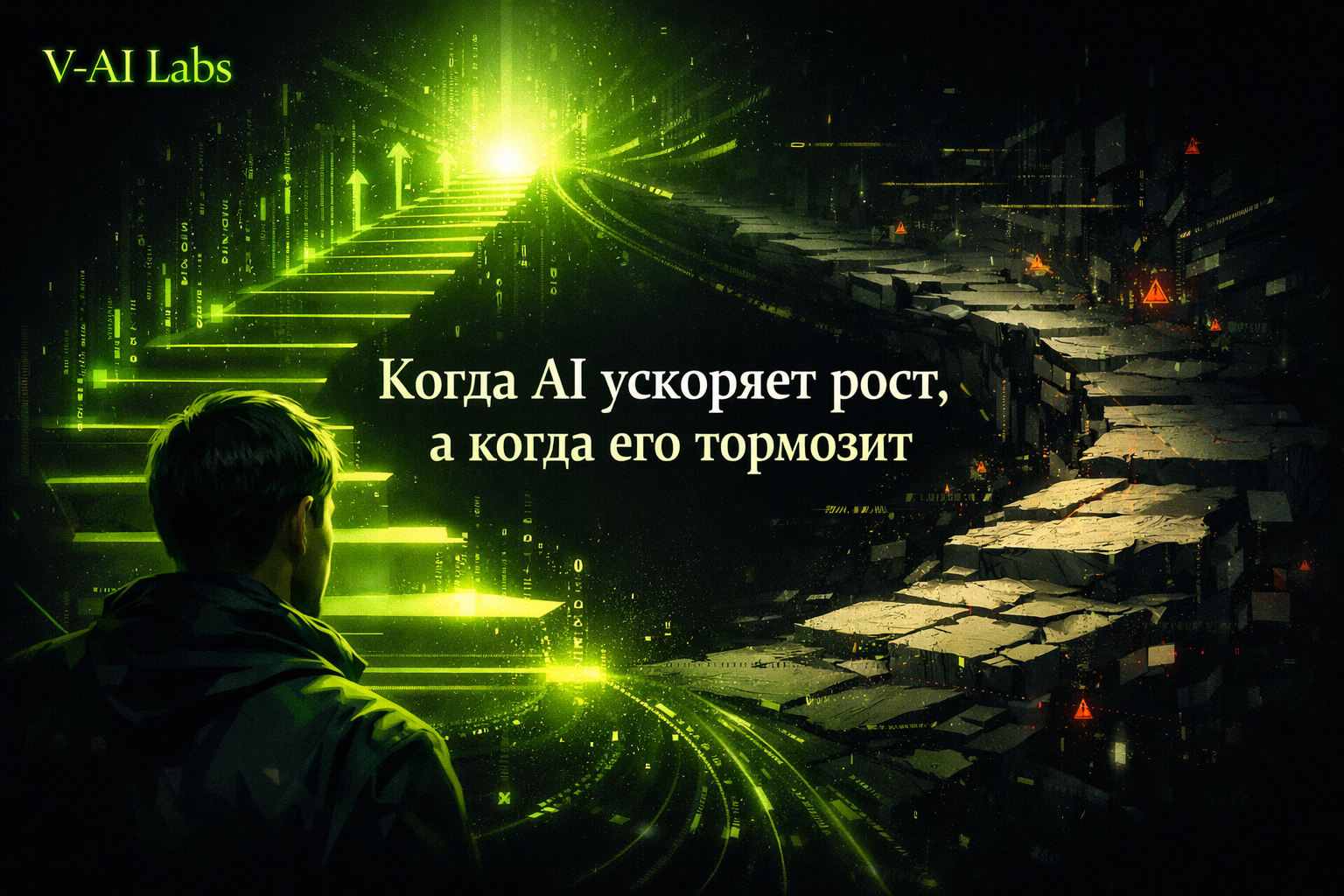 Иллюстрация к статье о том, когда ИИ ускоряет рост онлайн-бизнеса, а когда его тормозит