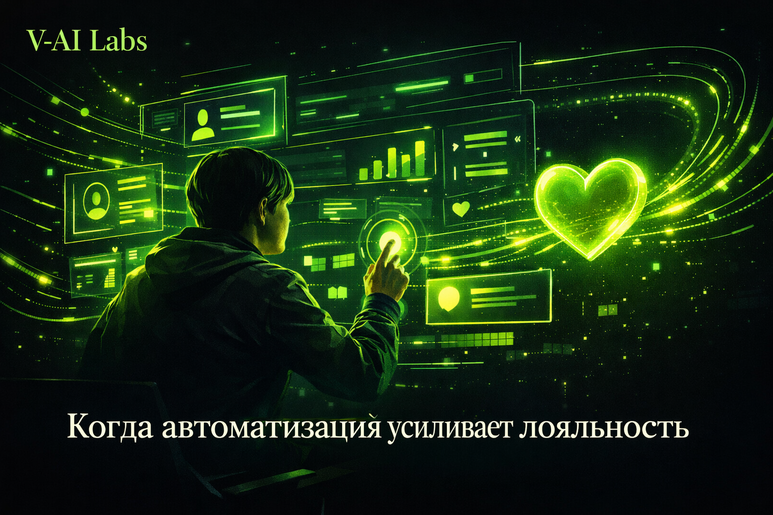 Предприниматель на фоне интерфейсов CRM и чат-бота