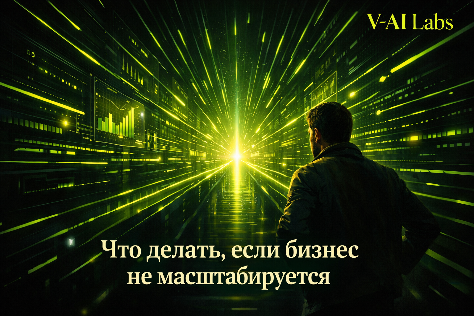 Предприниматель смотрит на схему масштабирования бизнеса услуг